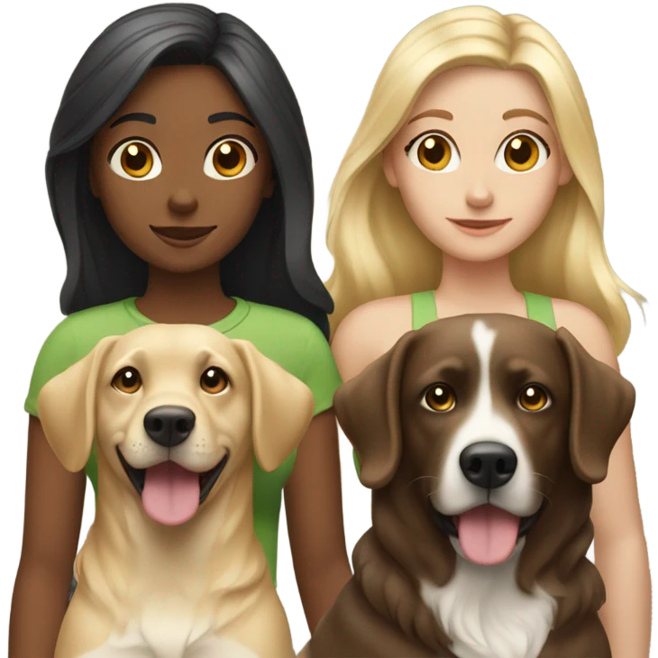 Three girls. One blonde and two brunettes. Each with a dog.  emoji