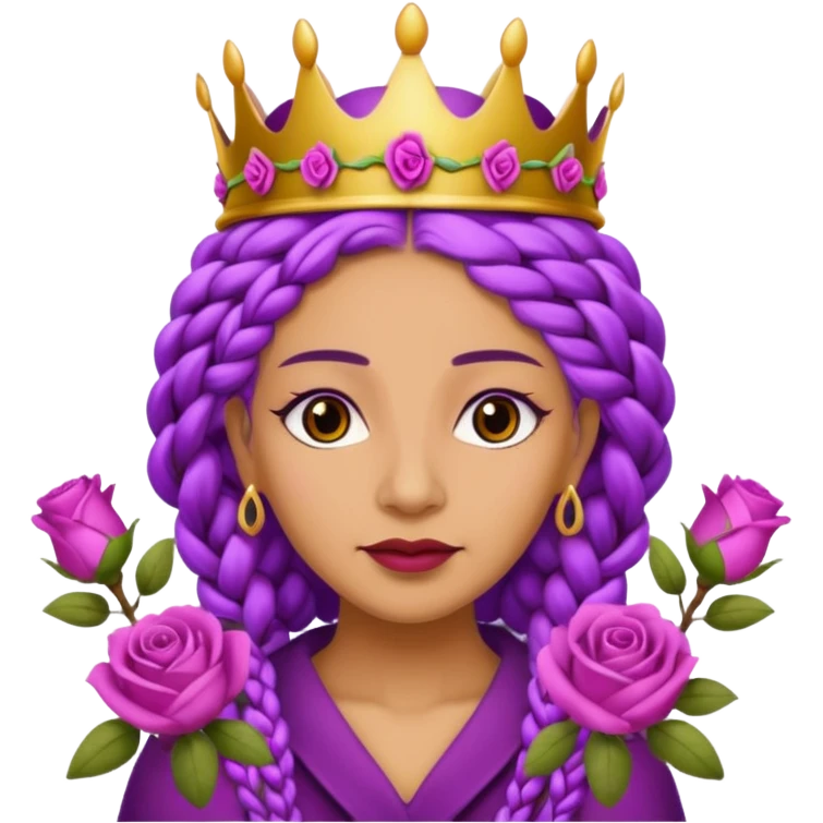 Crown Olive skin older queen with purple braids, brown eyes surrounded by roses emoji