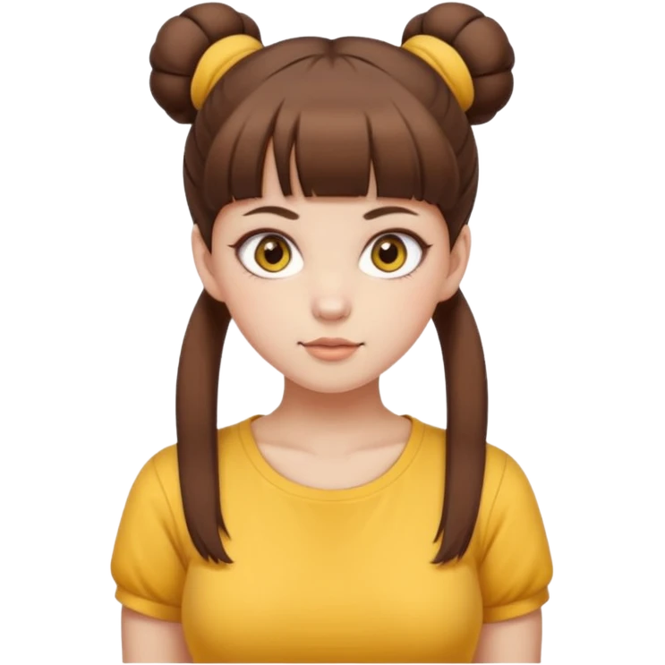 beautiful girl with brown hair with twin buns style, straight bangs, yellow eyes, milk brown tshirt, white skin, her body is a little fat  emoji