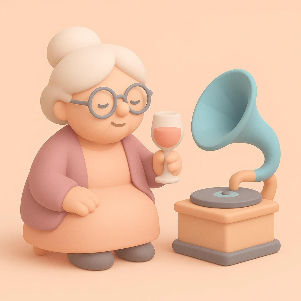 old lady with wineglass listening to gramophone emoji