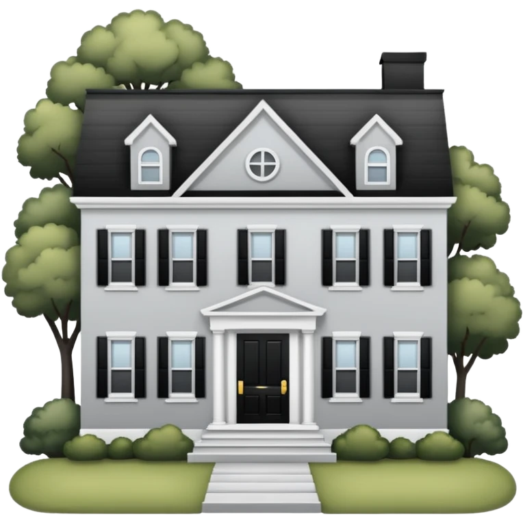light gray colonial house with black shutters and black front door emoji