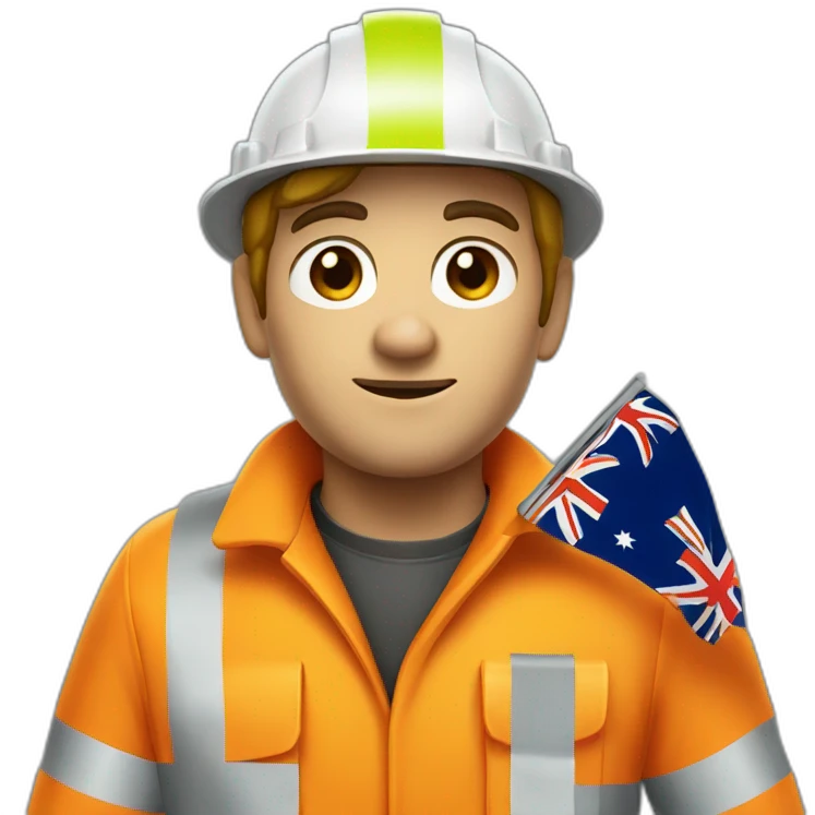 white miner wearing orange high vis and holding an Australian flag emoji
