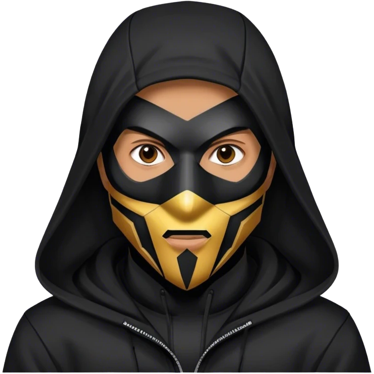 man with black hooded jacket and a full black full-face geometric mask emoji
