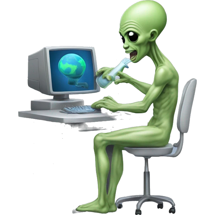 Alien man milking a computer emoji