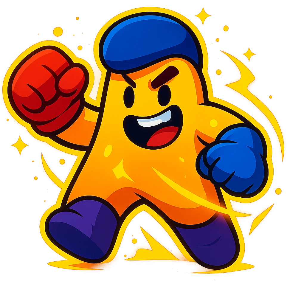 meeple character inspired by Brawl Stars, action stance, glowing effects, playful expression emoji