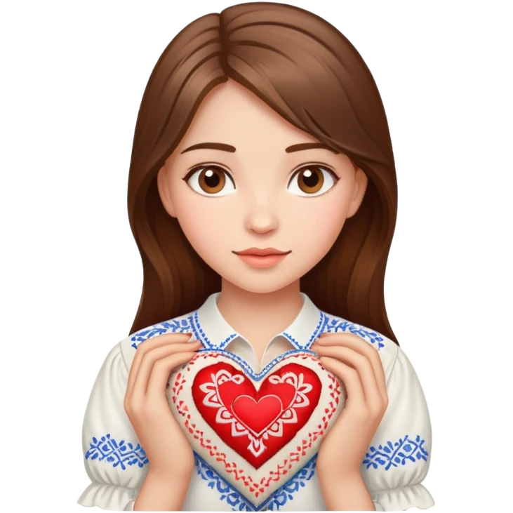 Beautiful young girl with brown hair in a white Ukrainian embroidered shirt holding a large embroidered heart emoji