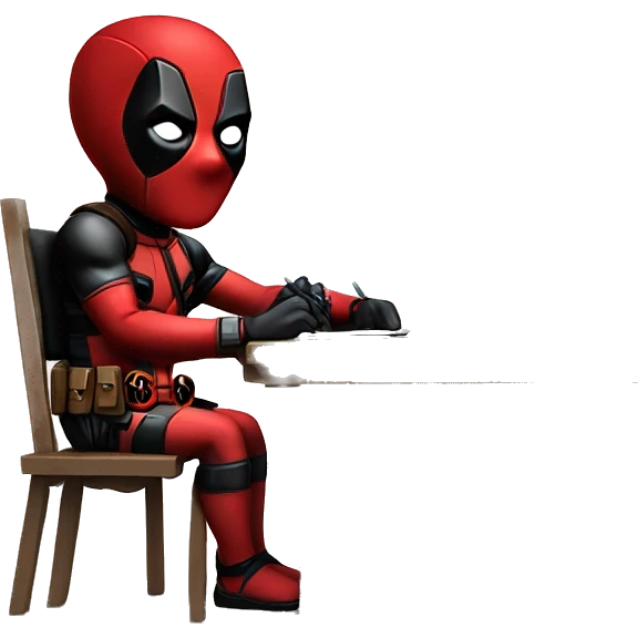 Cute Deadpool sitting at a desk, front view emoji