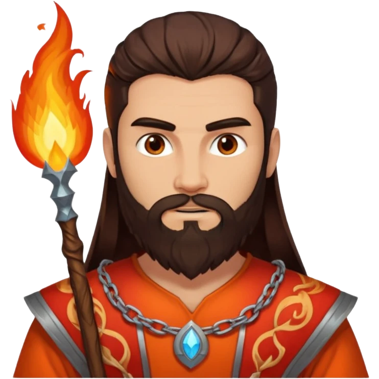 Vulcan, Fire God from Rome Mythology with long dark brown hair and beard, orange and red outfit, light tan skin emoji