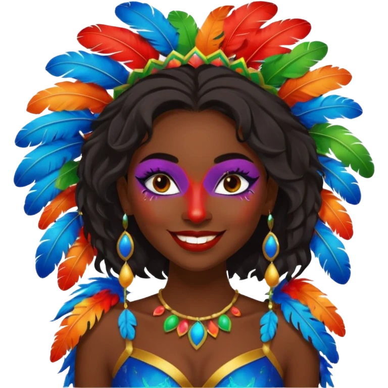 i need the same girl in "dark skin girl, dark red lipstick, nails very beautiful" to be smiling in "carnival mas costume, blue, green and orange preferably, full costume feathers at the back" she is to be smiling, hair should be dark shoulder length, black nail polish on her fingers  emoji