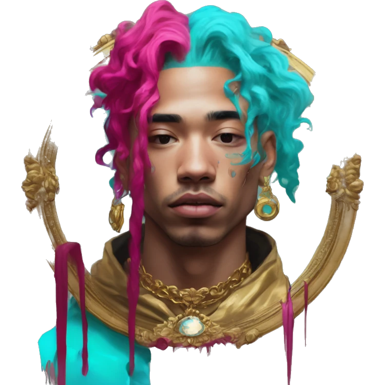 Vintage painting swirls gold jewellery baroque raven wings angel tropical Deep pink maroon burgundy cyan dark hoodie man vitiligo dyed hair gold piercings nose piercing ear piercings emoji
