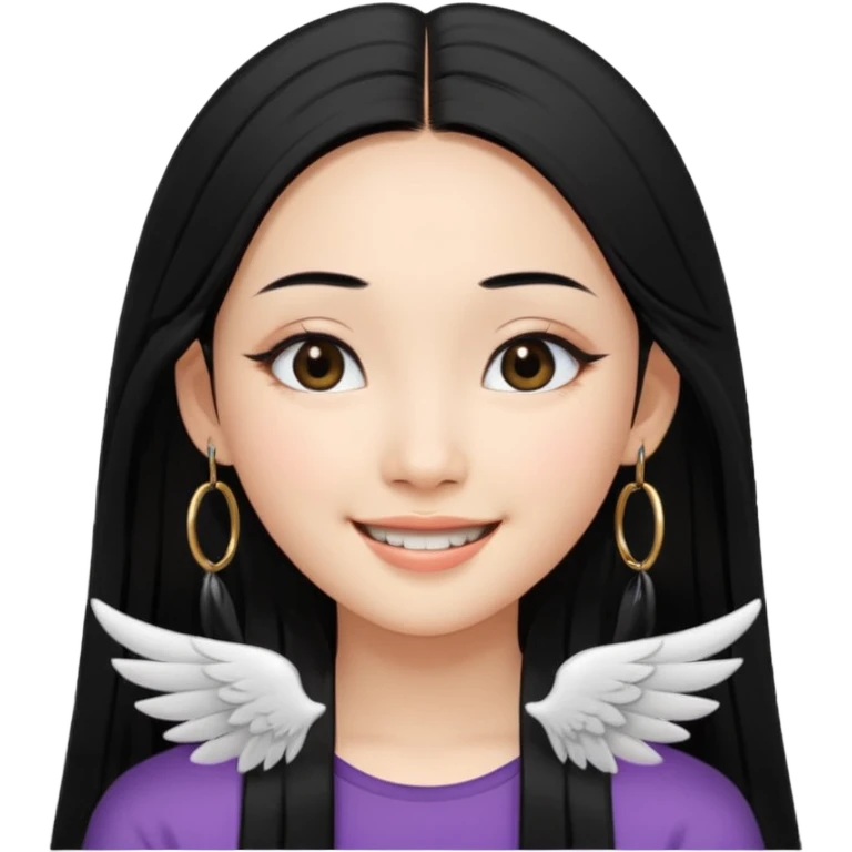 A Asian girl with fare skin and hoop earrings, long straight black hair with black eyes, smiling with a open wings eyeliner emoji