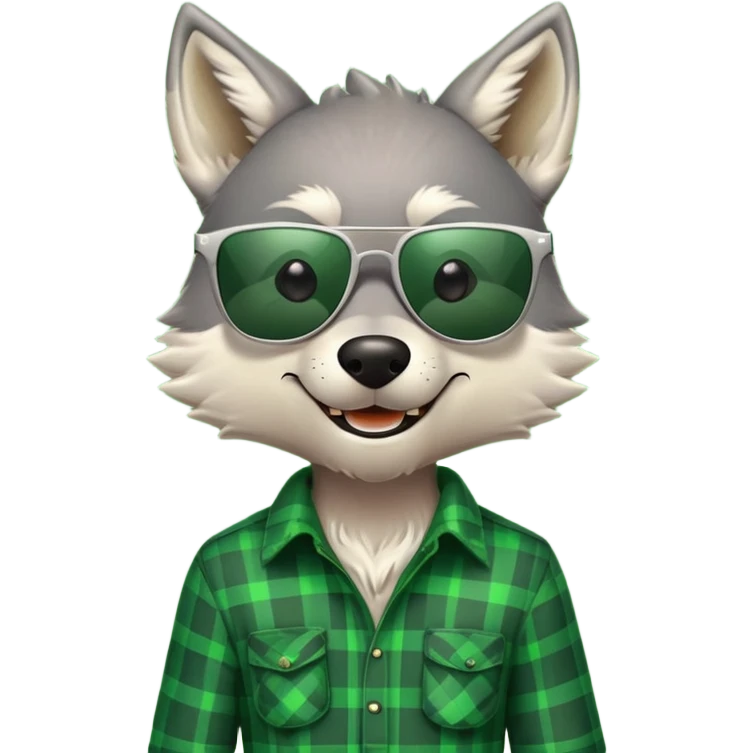 friendly anthropomorphised wolf in green plaid shirt and green attire for St. Patrick's Day, wearing dark sunglasses, festive pose emoji