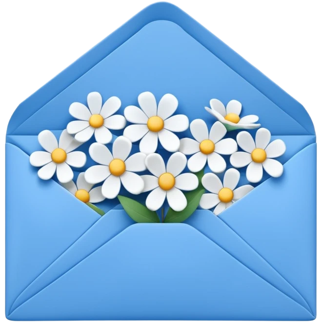 An opened blue envelope that has white 3d flowers coming out of it emoji