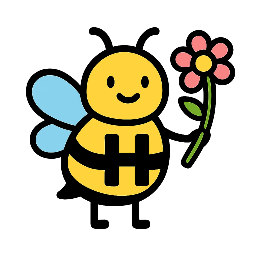 cartoonish bumblebee with the letter H holding a flower emoji