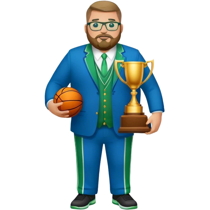 full body white obese male basketball coach with trophy. Goatee beard , Wearing glasses and blue and green suit emoji