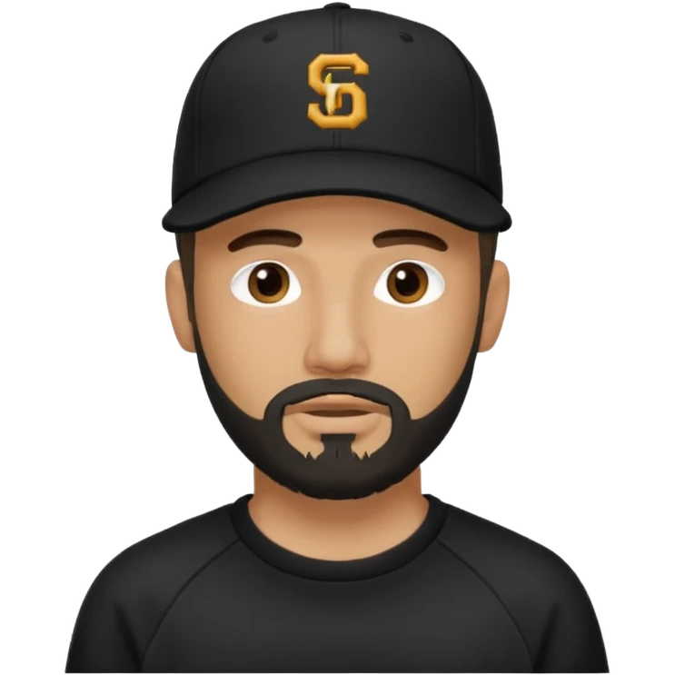 Hombre con la cara oculta, con barba fina y perilla, gorra negra de baseball bordada con un 08, y sudadera negra emoji