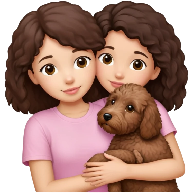 One girl with medium long dark brown hair dressing baby pink T-shirt, hugging One little brown coated labradoodle. emoji