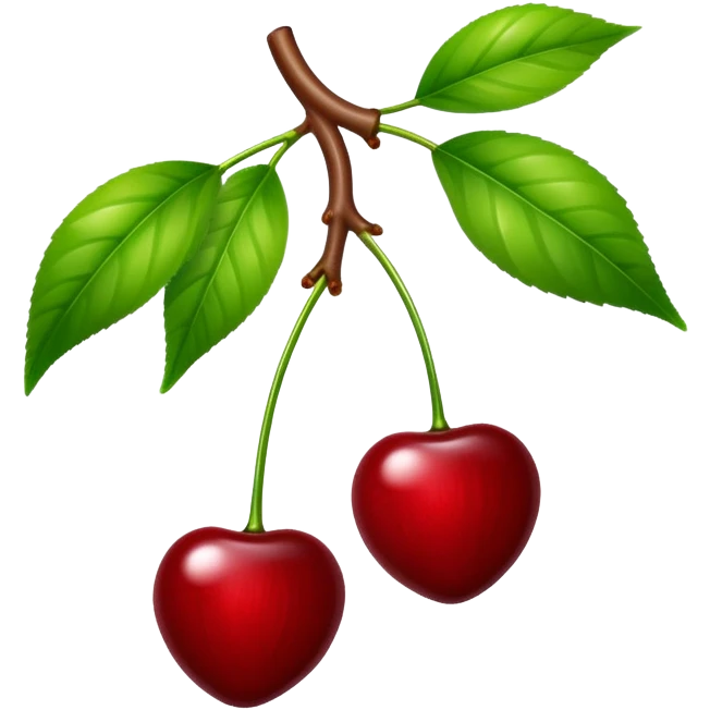 Two glossy red cherries hanging from a wooden branch with green leaves emoji