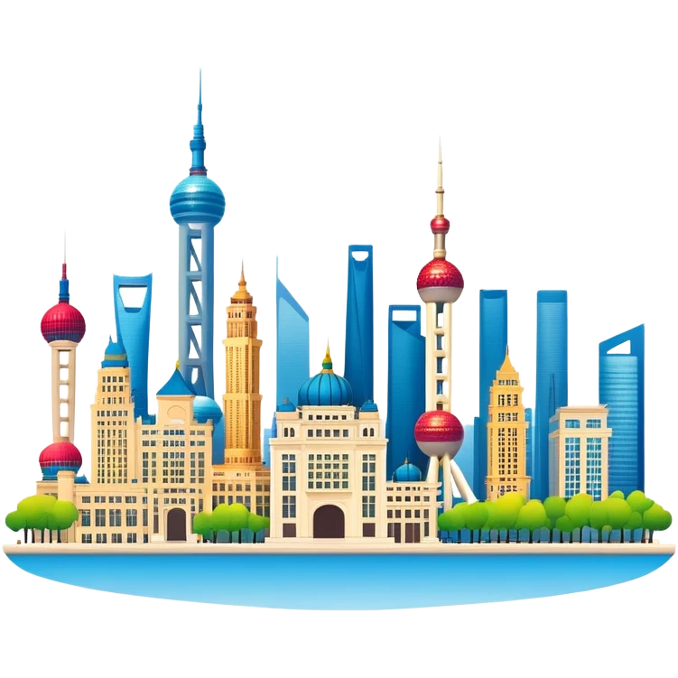 Shanghai The Bund skyline, simplified emoji style with bold outlines and bright colors, cartoon style modern buildings and Oriental Pearl Tower emoji