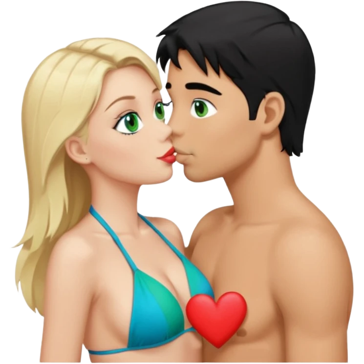 Blonde Queen with crown Green eyes blue Bikini whole body Kissing man black Hair Hearts emoji