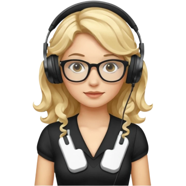 
gamer, woman with blond wavy hair, tight black dress with a white line with glasses, headphone, gamepad emoji