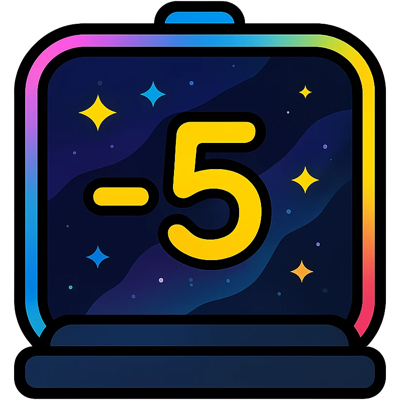 -5 sec icon with dark purples, blues, black base, neon glowing border, nebula gradients, small bright stars, subtle glow, specular highlights, luminous effect, accent colors cyan, pink, yellow, green, orange, consistent with media controls set emoji