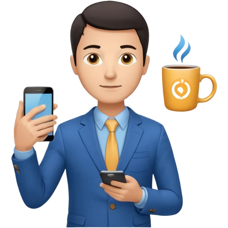 Confident male entrepreneur, short dark hair, slight smile, blue blazer over light blue shirt, holding a smartphone with a chart in one hand and a coffee cup in the other, front-facing, half-body emoji