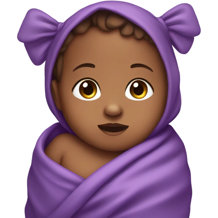Brownskin baby in a purple swaddle with a matching bow on their head emoji