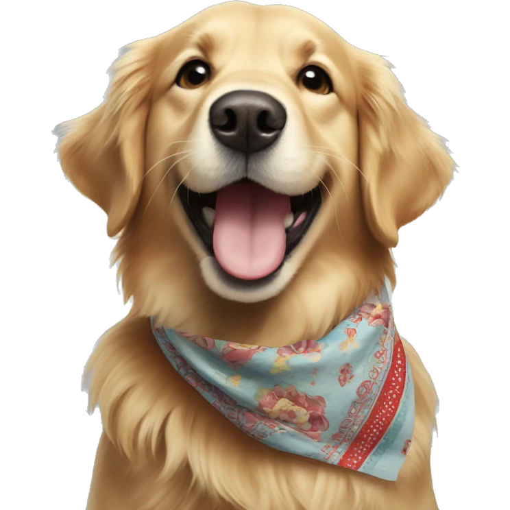 Happy golden retriever in bandana excited to see  emoji
