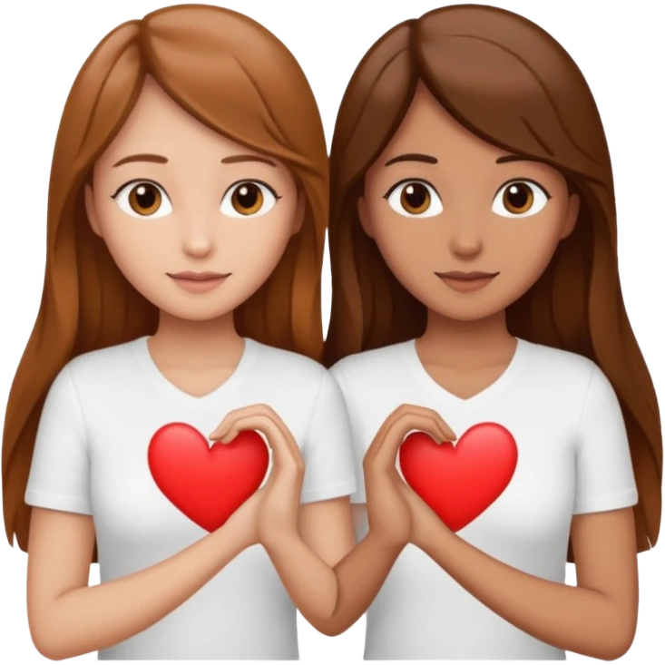 Dos Mujeres una color trigueña y blanca, haciendo un corazon cabello largo   y tenga una camisa blanca emoji
