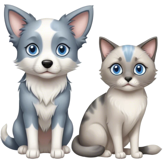 blue merle (black, white and grey) border collie with 2 cats.  One is a grey siamese cat and the other is a white, slimmer siamese cat with blue eyes emoji