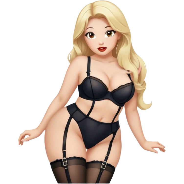 curvy blonde with full lips, long hair and brown eyes, intimate, black nylon stocking and garter belt pose, sfw emoji