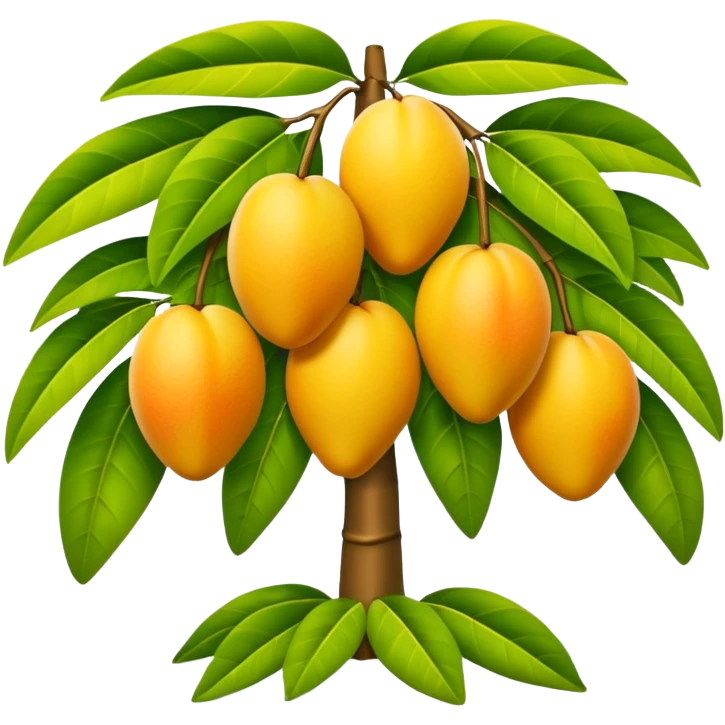 A 3D cartoon mango tree with golden-yellow mangoes visible among dense leaves, sunny atmosphere, Memoji-style rendering. emoji