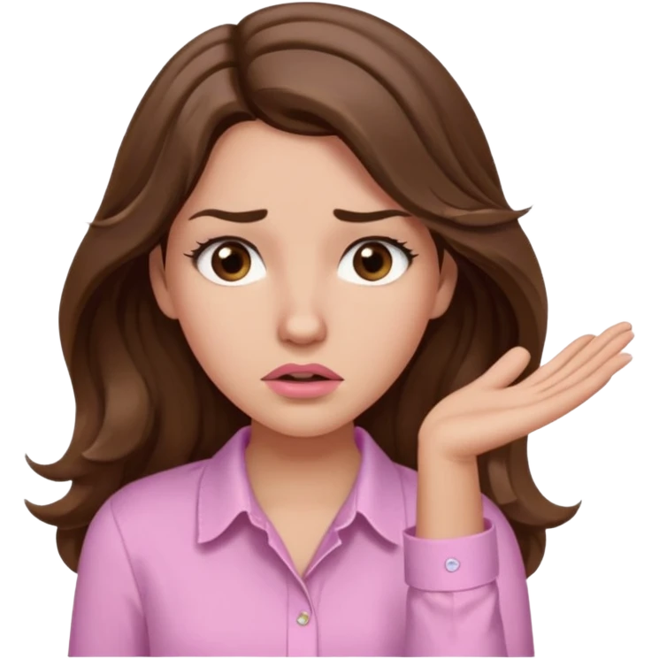girl with wavy long brown hair, brown eyes, light to medium complexion, long lashes, light pink lipstick, wearing light pink shirt, shrugging with both hands, confused emoji
