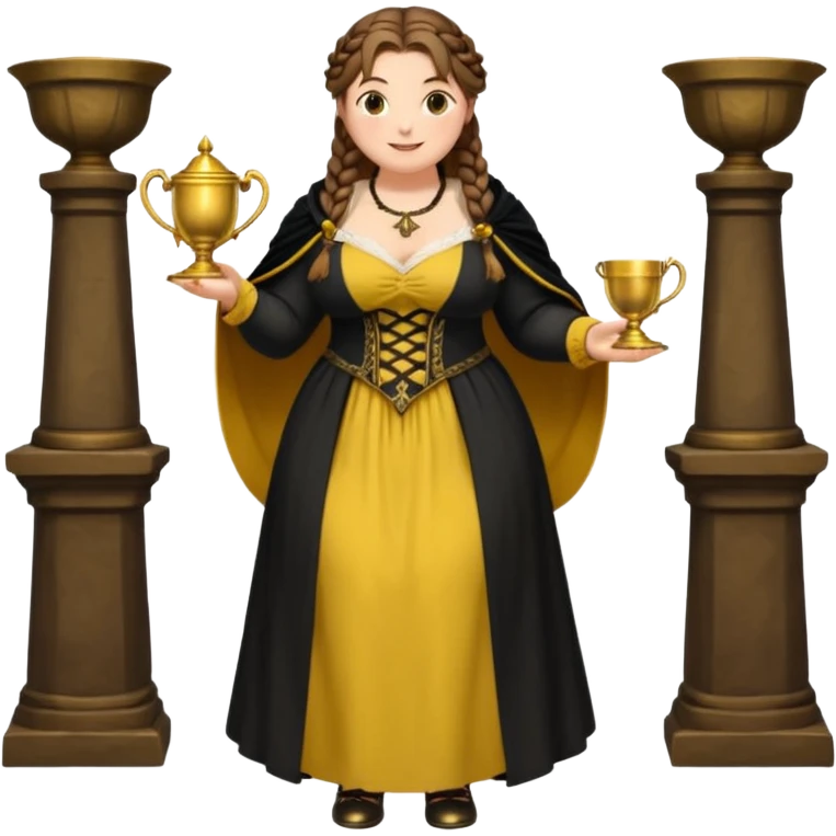 Helga Hufflepuff,brown-haired,2 braids,yellow-black medieval open dress,deep neckline,fat macromastia,black cloak decorated with gold braiding,gold cup with two handles,very kind smile,curvy busty sweet woman,round rosy cheeks,full length with medieval shoes emoji
