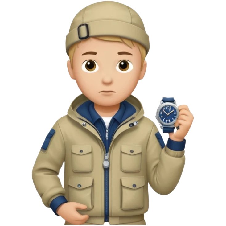 Boy in fishing suit looking at his wristwatch emoji