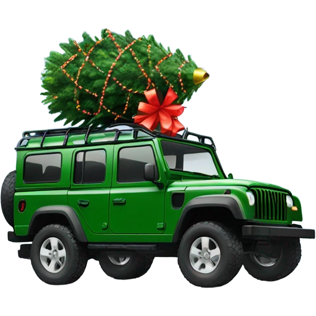 Green Grenadier or defender jeep with Christmas tree on the roof with Christmas lights  emoji