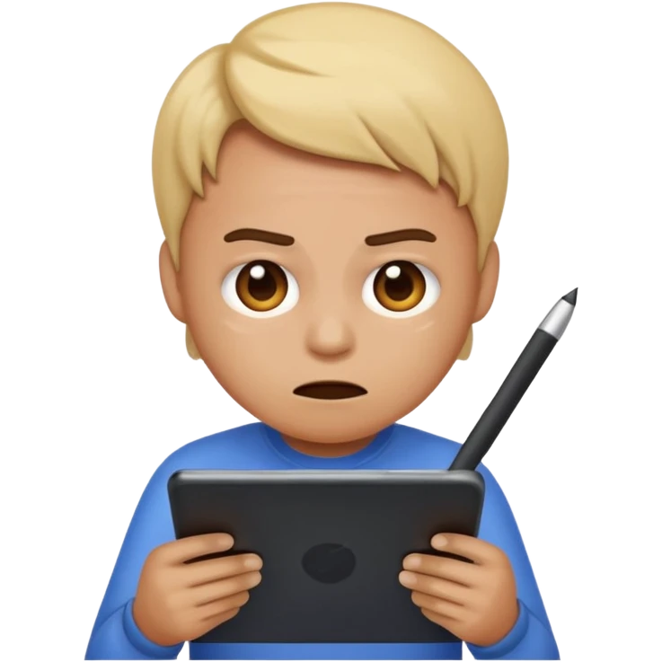 emoji holding and drawing on tablet using a stylus, looking down at screen in frustration emoji