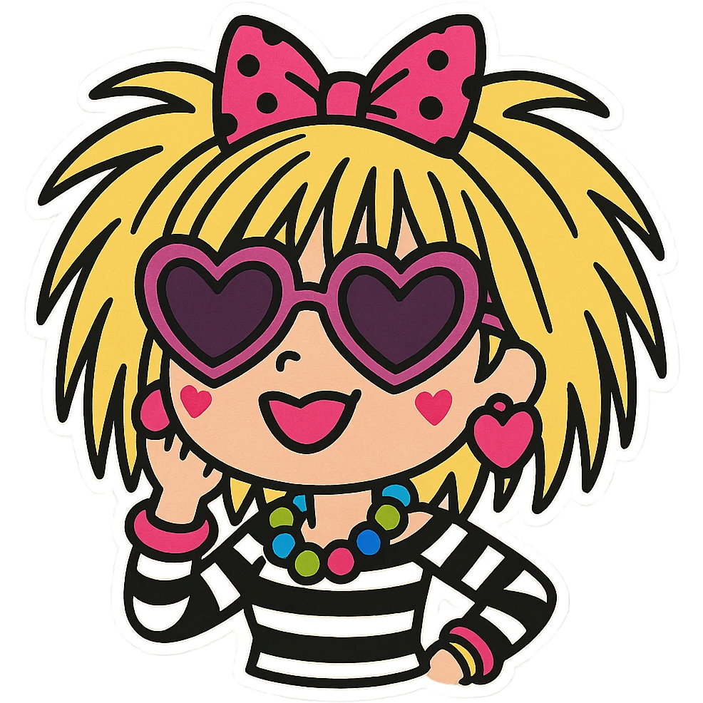 Betsey Johnson inspired emoji, super fashionable, bold colors, playful accessories, quirky and glamorous style emoji
