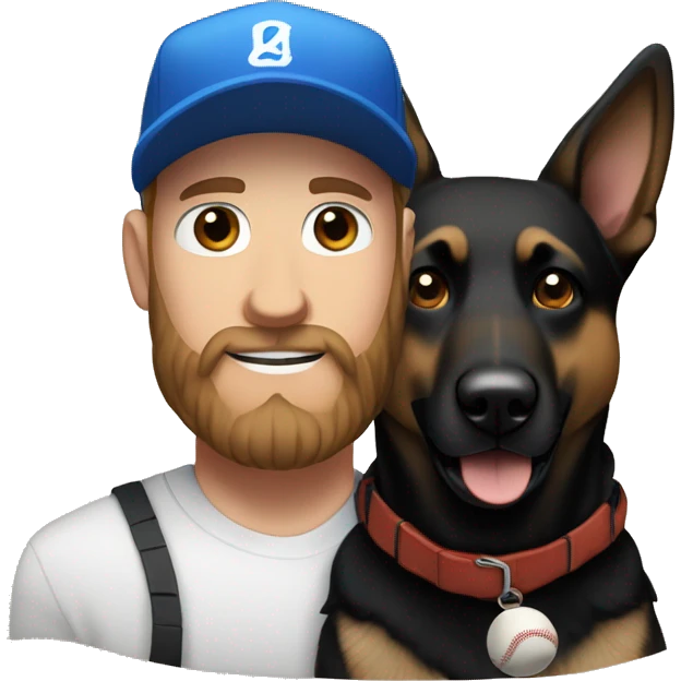 white male with blue eyes, a black beard and a baseball hat alongside a black and brown german shepherd  emoji