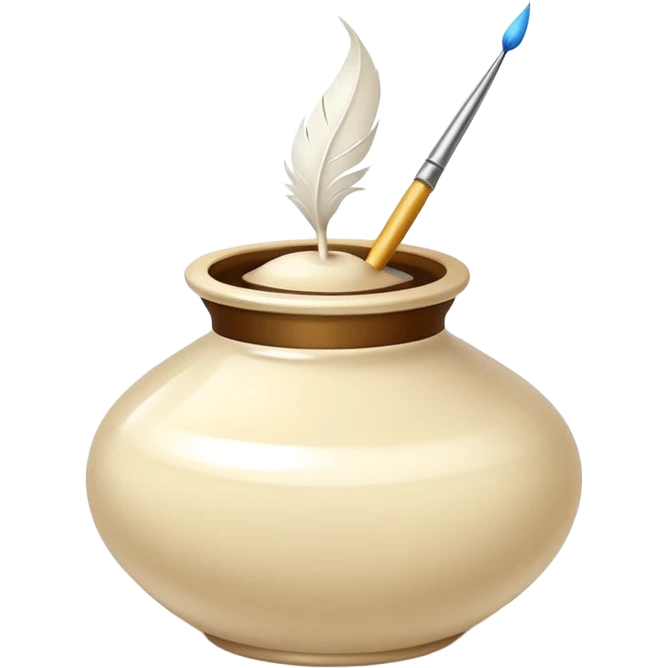 elegant cream-colored ink pot with a soft, curved white feather quill, glossy, minimal, on black background, emoji style emoji
