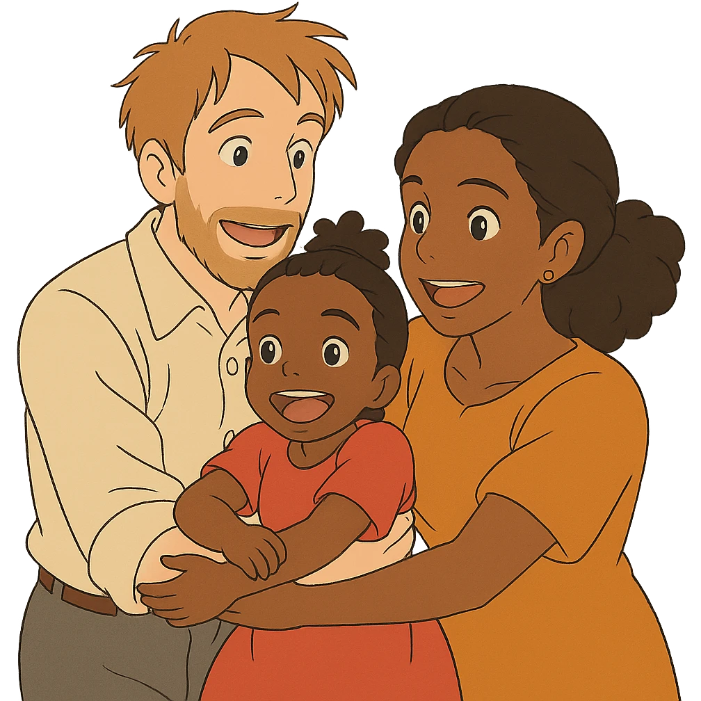 ghibli style family with white dad, black mom, and black child, no background emoji