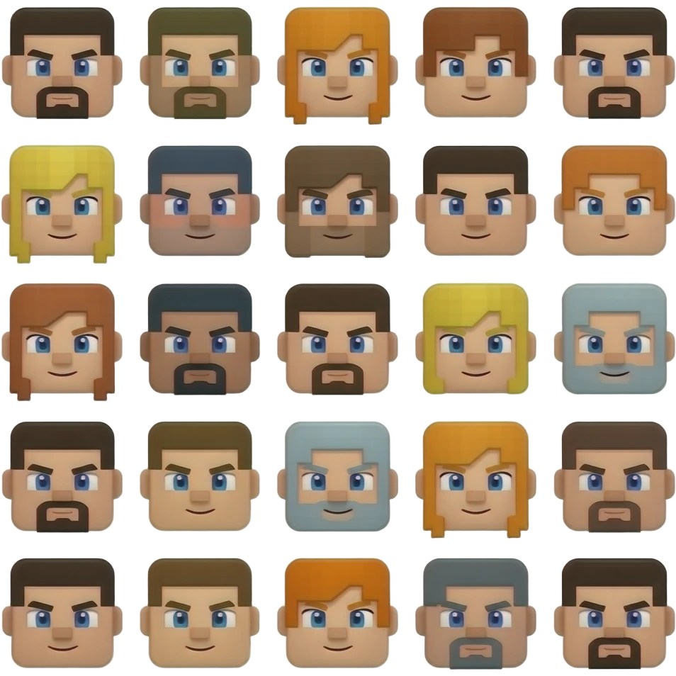 Create a 5x5 layout image containing 25 faces of Minecraft characters in a 3D game graphic style. The layout must be a unified image with a completely clean white background, free of shadows, borders, or any grid lines, and sharp. No labels or annotations. emoji