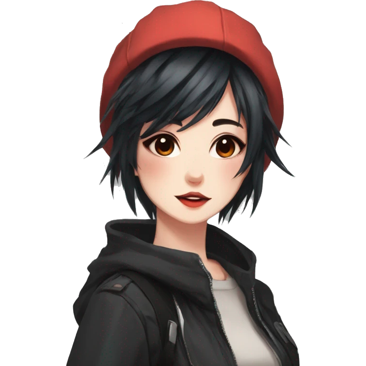 Gorgeous anime style tomboy-lady with blushing face aesthetic and pretty edgy black red punk hair with hair garment trending style emoji