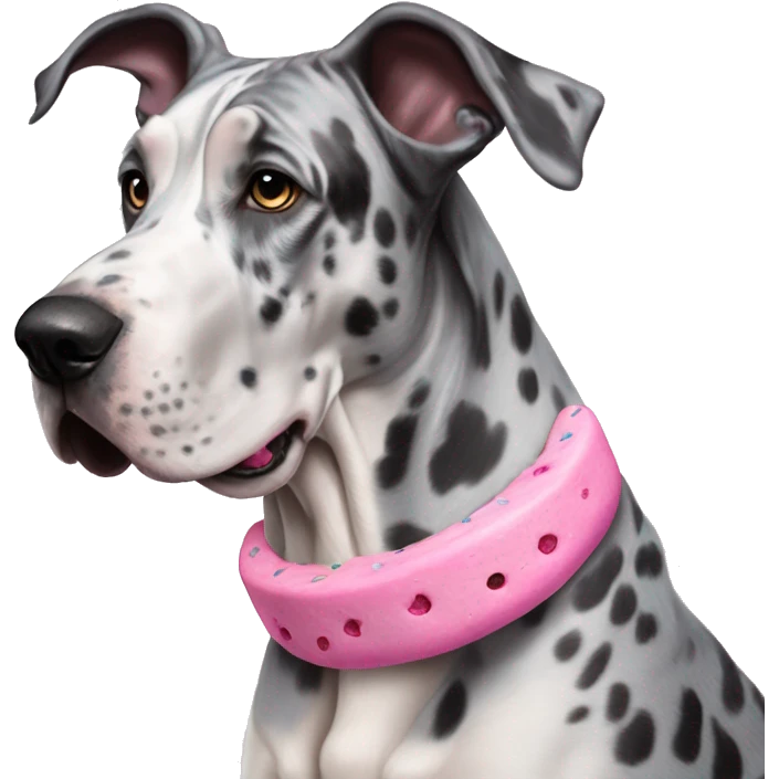 Blue Merle Great Dane eating pink cookies emoji