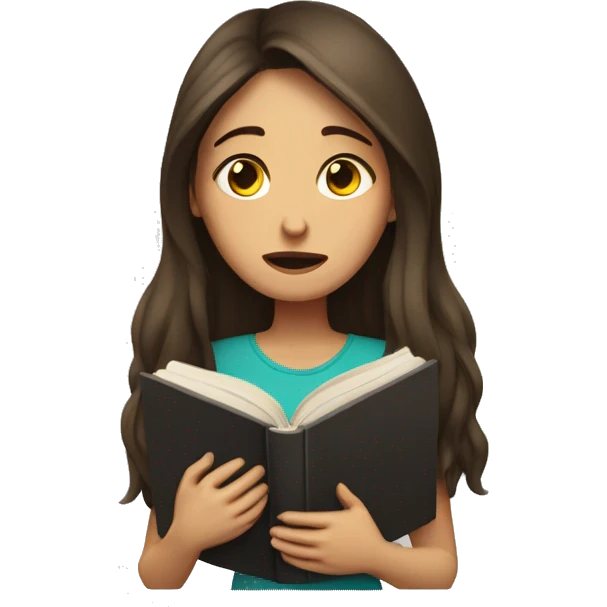brunette long hair woman crying tears while holding and reading book emoji