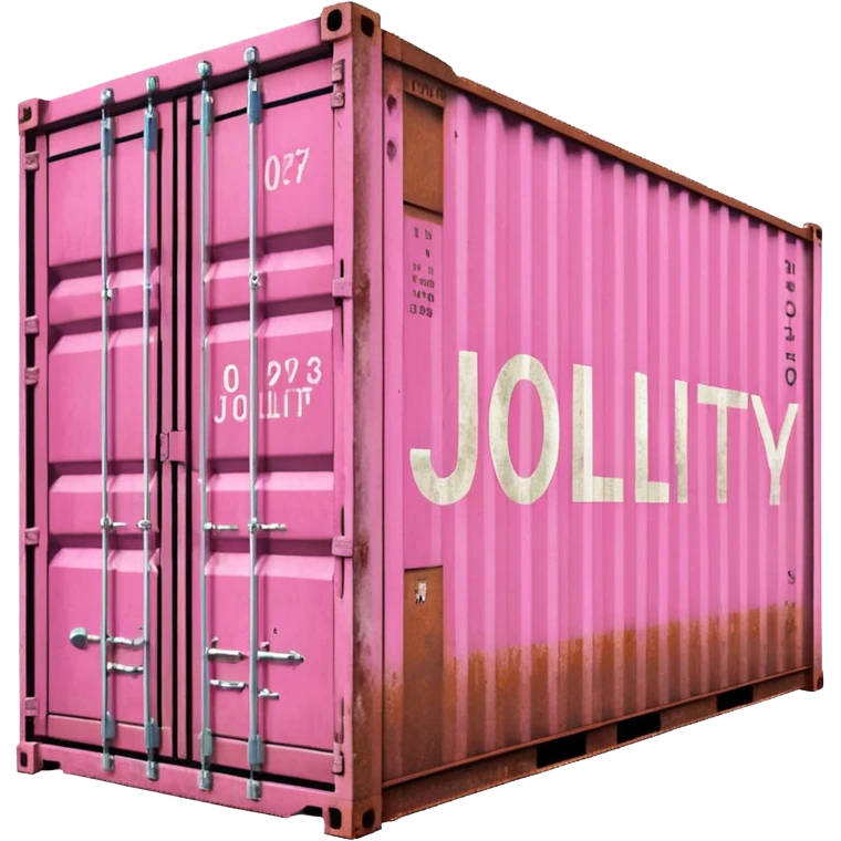 a pink shipping container with the word "Jollity" in big letters on the long side emoji