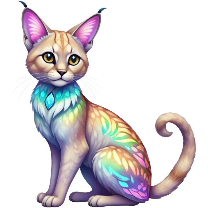 Colorful Neon exotic ethereal iridescent tropical shiny Fantasy-Siamese-Bobcat-Caracal-Moth-Scottish-Fold-feline-Fakémon-feline-hybrid (full body) emoji
