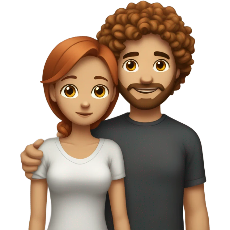 A conflicted girl with red hair, dark brown eyes hugging a light complected guy with a beard and curly hair and light brown eyes  emoji