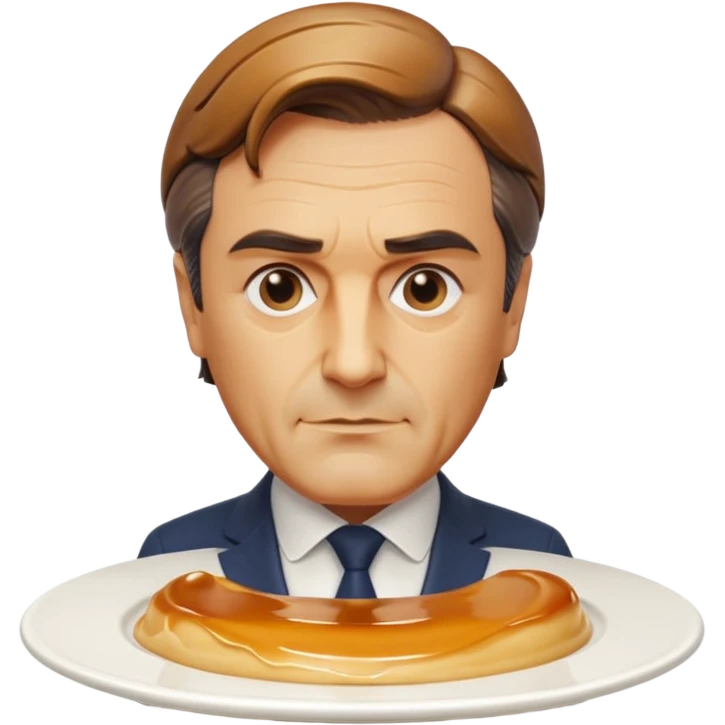 bust of François Fillon sculpted from flan, smooth creamy flan skin, glossy translucent caramel hair dripping, on a white round plate emoji